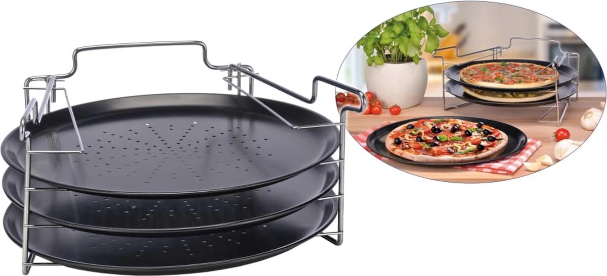 Merkloos Pizzaplaat Bakset Met 3 Bakplaten 16 X 31 Cm- Pizza Rek 3-delig - Pizzabakset Met Standaard/rek 4 Merkloos Pizzaplaat Bakset Met 3 Bakplaten 16 X 31 Cm- Pizza Rek 3-delig - Pizzabakset Met Standaard/rek - Afbeelding 2
