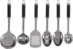 Excellent Houseware 7-delige RVS Keukengereedschap Met Houder - Schuimspaan, Spaghettilepel, Soeplepel, Opscheplepel, Serveerlepel, Vierkante Spatel Met Kartelrand -Keukenbarbecue 1200x803 1