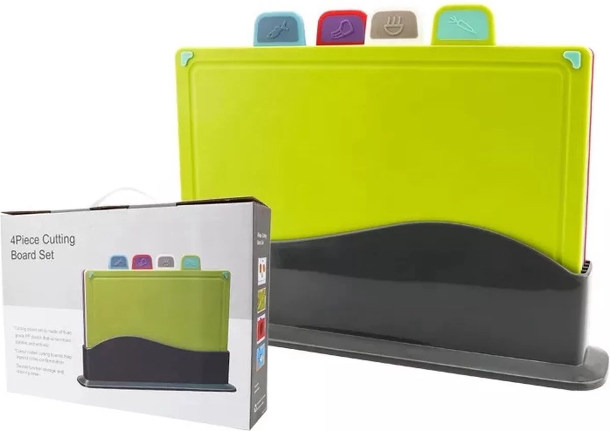 Merkloos Snijplanken Set Met Houder - Kunststof - Vaatwasserbestendig - Set Met 4 Kleuren Snijplanken 3 Merkloos Snijplanken Set Met Houder - Kunststof - Vaatwasserbestendig - Set Met 4 Kleuren Snijplanken
