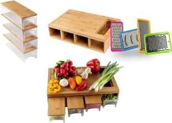 TammaT® Snijplank Hout - Met Opvangbakken - Bamboe Snijplank - Met Rasp - Stapelbaar Voorraadbakjes - Keuken Accessoires - Groentesnijder - Snijplank Hout - BBQ -Keukenbarbecue 1200x862 2