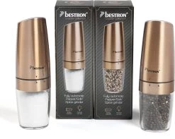 Bestron 2x Elektrische Zout- & Pepermolen, Kruidenmolen Met LED Verlichting & "Gravity" Start- / Stop Functie, Keramisch Maalwerk, Vordeelset, Concept: Copper Collection