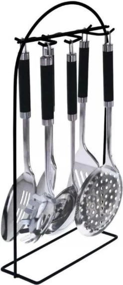 Excellent Houseware 7-delige RVS Keukengereedschap Met Houder - Schuimspaan, Spaghettilepel, Soeplepel, Opscheplepel, Serveerlepel, Vierkante Spatel Met Kartelrand -Keukenbarbecue 517x1200 1