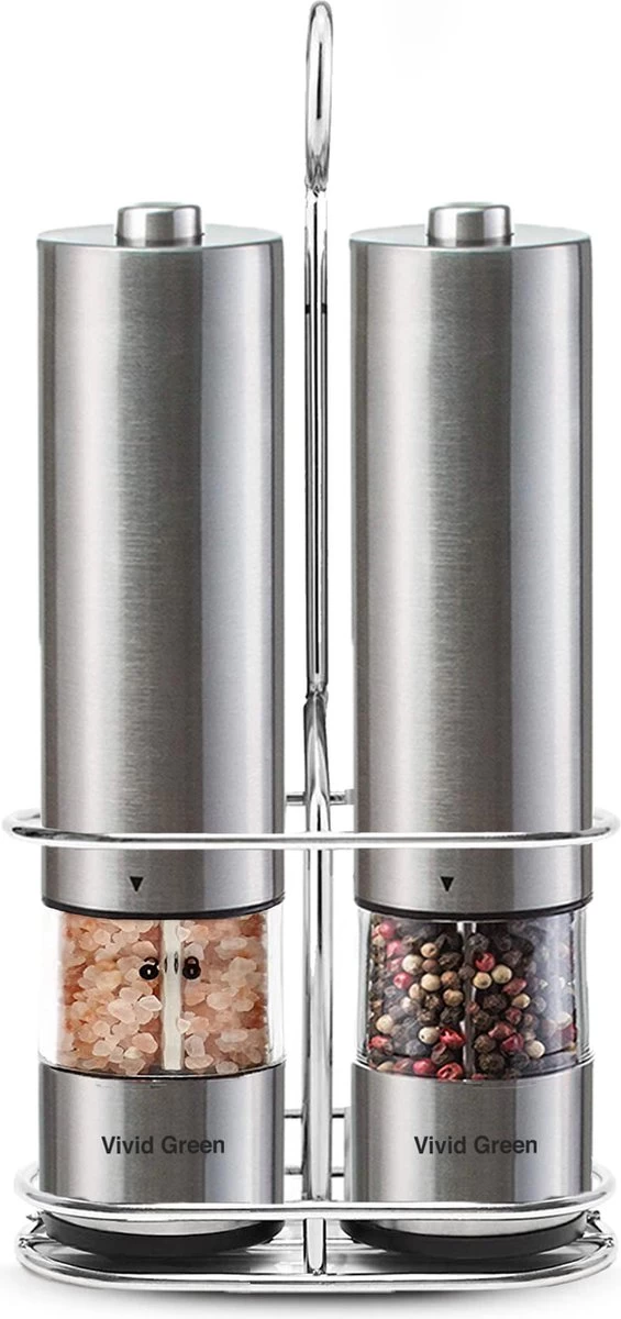 Vivid Green Elektrische Peper En Zoutmolen Set - Zoutstellen - Zoutmolen - Kruidenmolen - Zout En Pepermolen Set - Incl. Houder - RVS 3 Vivid Green Elektrische Peper En Zoutmolen Set - Zoutstellen - Zoutmolen - Kruidenmolen - Zout En Pepermolen Set - Incl. Houder - RVS