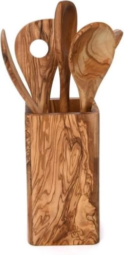 OLIVIEU ~ 5-delig Olijfhouten Duurzame Keukengerei Set Met Keukengerei Houder ~ Houten Kookgerei ~ Minimalistisch & Handgesneden ~ Keukengerei Pot ~ Kookgerei Set Met Kookgerei Houder -Keukenbarbecue 582x1200