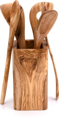 OLIVIEU ~ 5-delig Olijfhouten Duurzame Keukengerei Set Met Keukengerei Houder ~ Houten Kookgerei ~ Minimalistisch & Handgesneden ~ Keukengerei Pot ~ Kookgerei Set Met Kookgerei Houder -Keukenbarbecue 607x1200 1