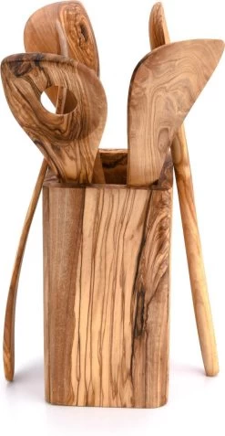 OLIVIEU ~ 5-delig Olijfhouten Duurzame Keukengerei Set Met Keukengerei Houder ~ Houten Kookgerei ~ Minimalistisch & Handgesneden ~ Keukengerei Pot ~ Kookgerei Set Met Kookgerei Houder -Keukenbarbecue 622x1200