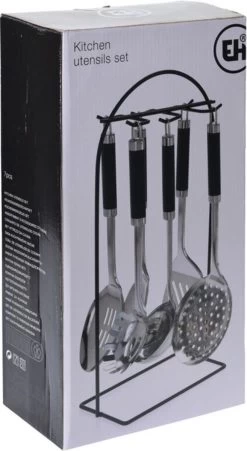 Excellent Houseware 7-delige RVS Keukengereedschap Met Houder - Schuimspaan, Spaghettilepel, Soeplepel, Opscheplepel, Serveerlepel, Vierkante Spatel Met Kartelrand -Keukenbarbecue 657x1200 1