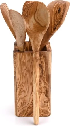 OLIVIEU ~ 5-delig Olijfhouten Duurzame Keukengerei Set Met Keukengerei Houder ~ Houten Kookgerei ~ Minimalistisch & Handgesneden ~ Keukengerei Pot ~ Kookgerei Set Met Kookgerei Houder -Keukenbarbecue 670x1200