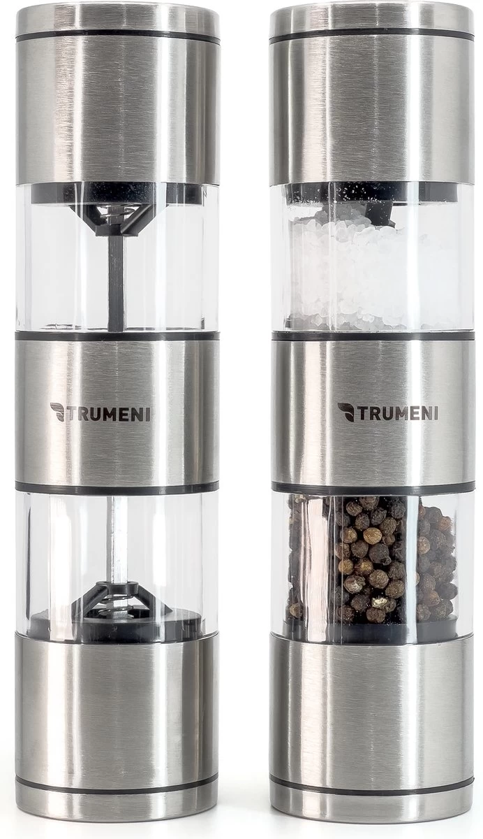 TRUMENI Dubbelzijdige Peper En Zoutmolen Set Inclusief Houder - Handmatige Pepermolen Met Instelbare Maalgraad - 2 Stuks Kruidenmolens 3 TRUMENI Dubbelzijdige Peper En Zoutmolen Set Inclusief Houder - Handmatige Pepermolen Met Instelbare Maalgraad - 2 Stuks Kruidenmolens