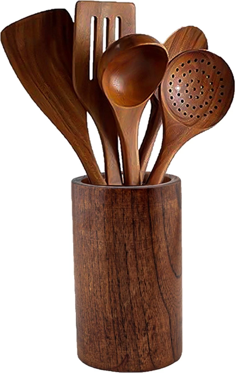 Luverno® - Keukengerei Set - 6 Delig - Teakhout - Keukenset - Keukengerei - Keukengerei Set Met Houder - Keukengerei Houder - Spatelpot - Bruin 3 Luverno® - Keukengerei Set - 6 Delig - Teakhout - Keukenset - Keukengerei - Keukengerei Set Met Houder - Keukengerei Houder - Spatelpot - Bruin