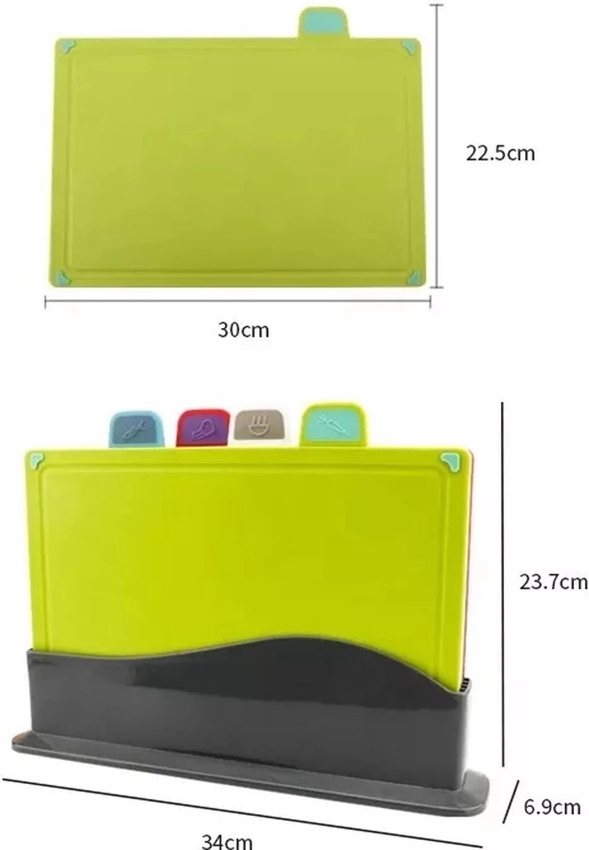 Merkloos Snijplanken Set Met Houder - Kunststof - Vaatwasserbestendig - Set Met 4 Kleuren Snijplanken 5 Merkloos Snijplanken Set Met Houder - Kunststof - Vaatwasserbestendig - Set Met 4 Kleuren Snijplanken - Afbeelding 3