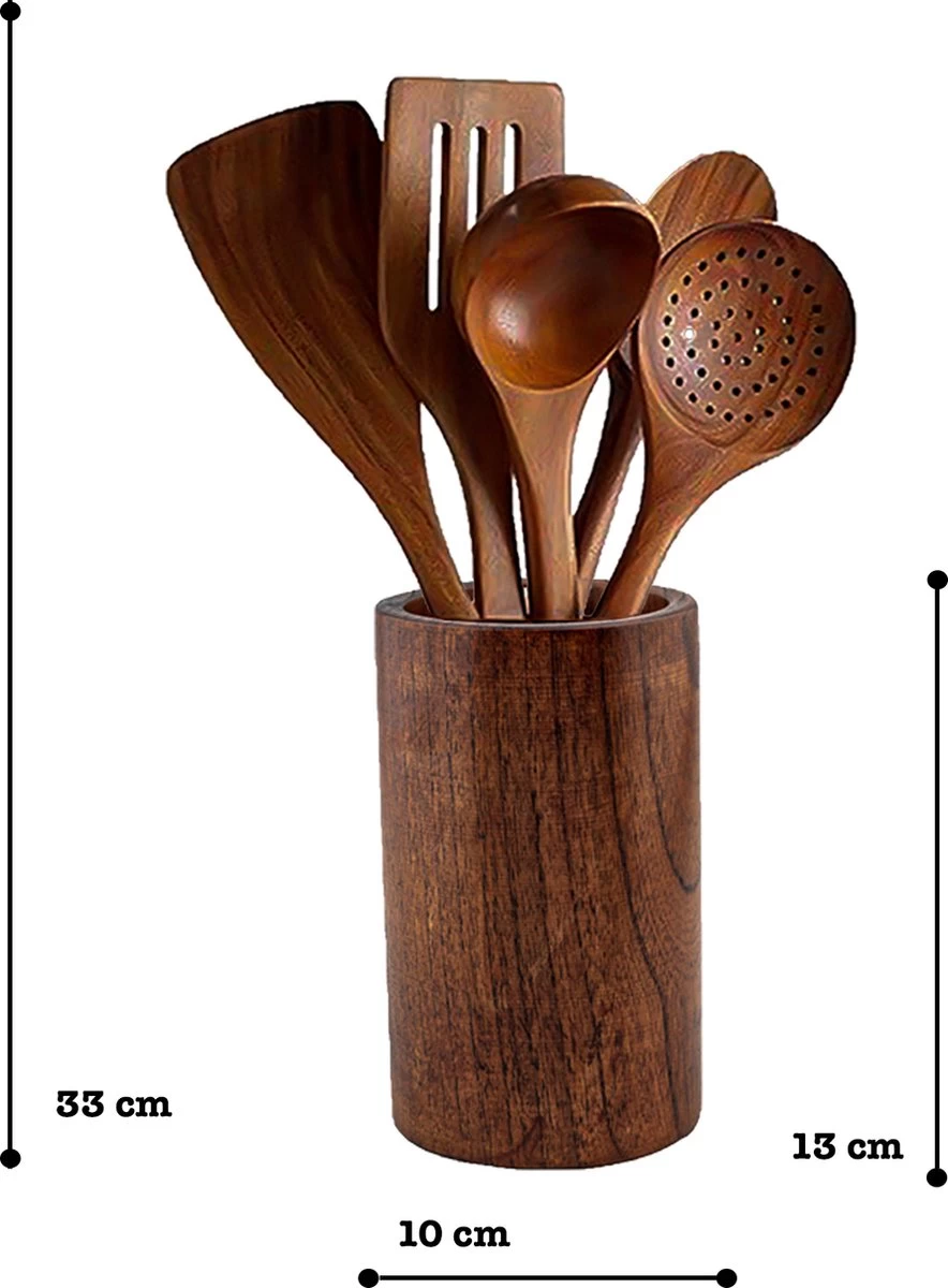 Luverno® - Keukengerei Set - 6 Delig - Teakhout - Keukenset - Keukengerei - Keukengerei Set Met Houder - Keukengerei Houder - Spatelpot - Bruin 7 Luverno® - Keukengerei Set - 6 Delig - Teakhout - Keukenset - Keukengerei - Keukengerei Set Met Houder - Keukengerei Houder - Spatelpot - Bruin - Afbeelding 5