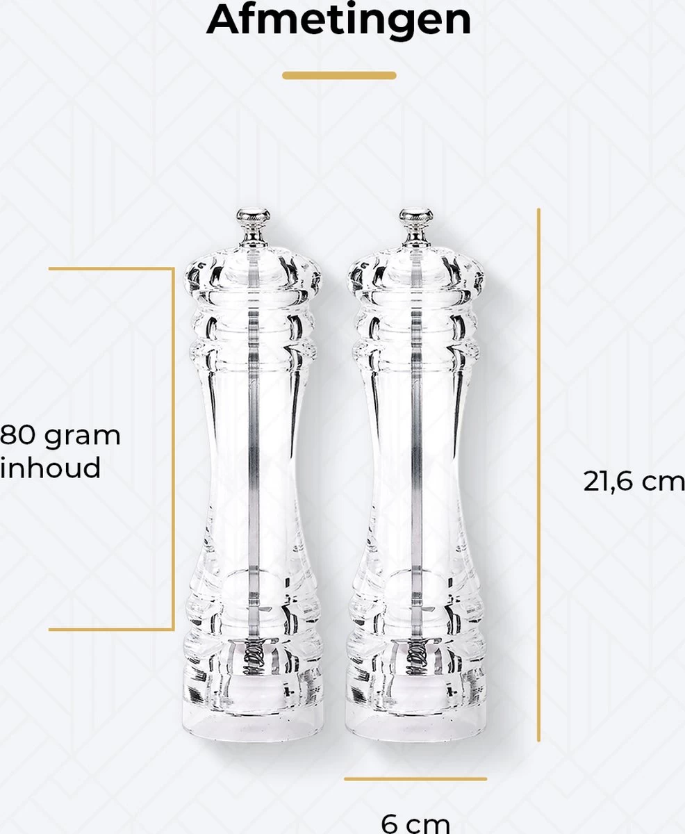 101Products Peper- & Zoutmolen Set - Acryl - Transparant - Verstelbare Maalgraad - Zeezout én Kruidenmixes 11 101Products Peper- & Zoutmolen Set - Acryl - Transparant - Verstelbare Maalgraad - Zeezout én Kruidenmixes - Afbeelding 9